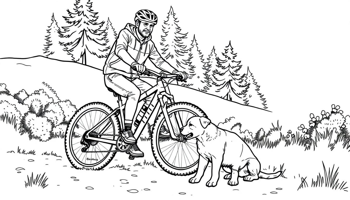 Kleurplaat van een man op een fiets met een hond in een bosrijke omgeving.