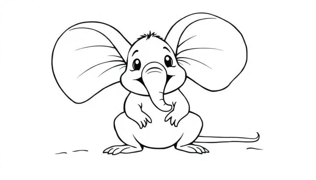 Een kleurplaat van een fantasiedier met een muizenlichaam, olifantenoren en een lange staart.