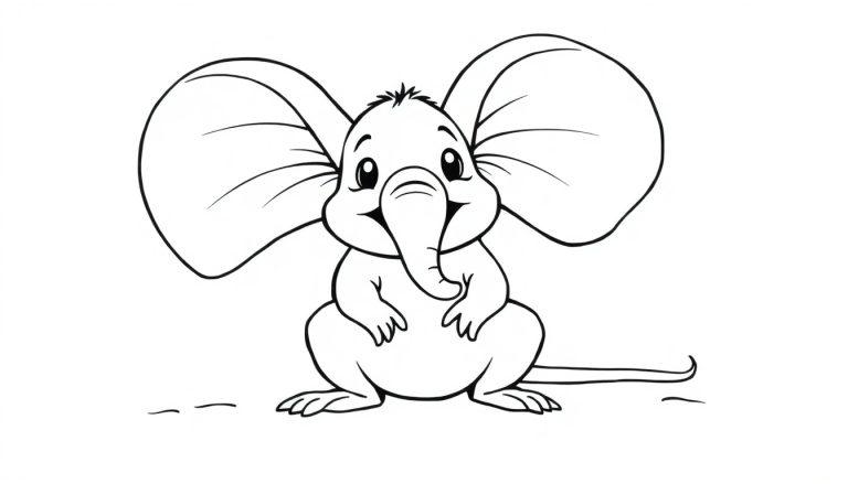 Een kleurplaat van een fantasiedier met een muizenlichaam, olifantenoren en een lange staart.