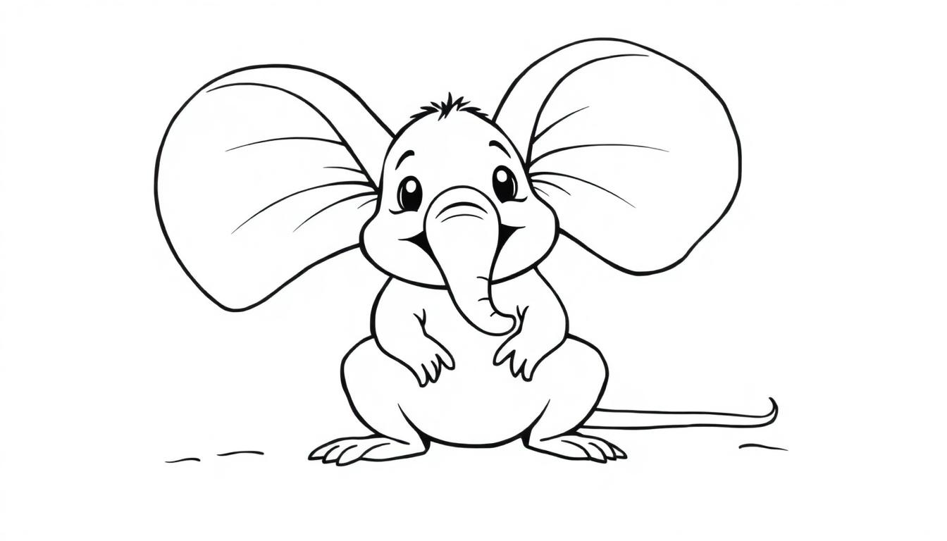 Een kleurplaat van een fantasiedier met een muizenlichaam, olifantenoren en een lange staart.