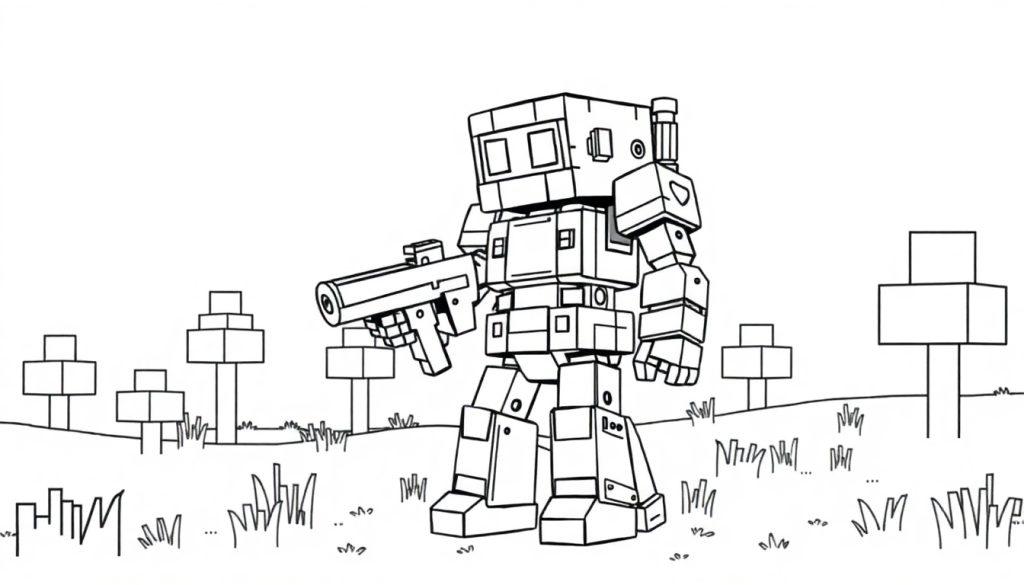 Kleurplaat van een robot met futuristisch wapen in een blokkerig landschap, zoals in Minecraft-stijl.