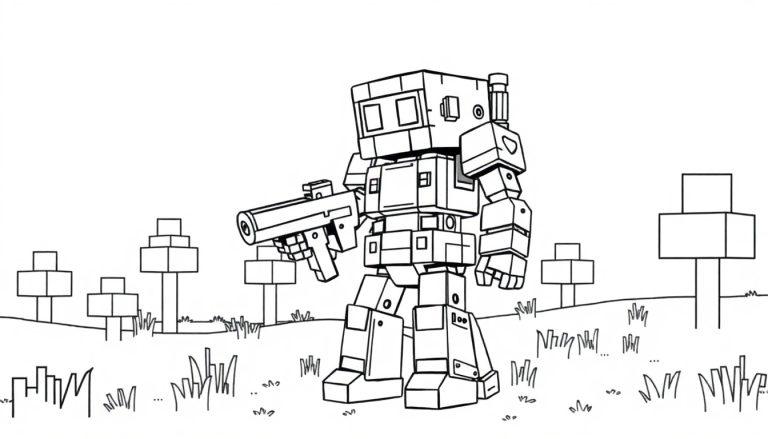 Kleurplaat van een robot met futuristisch wapen in een blokkerig landschap, zoals in Minecraft-stijl.