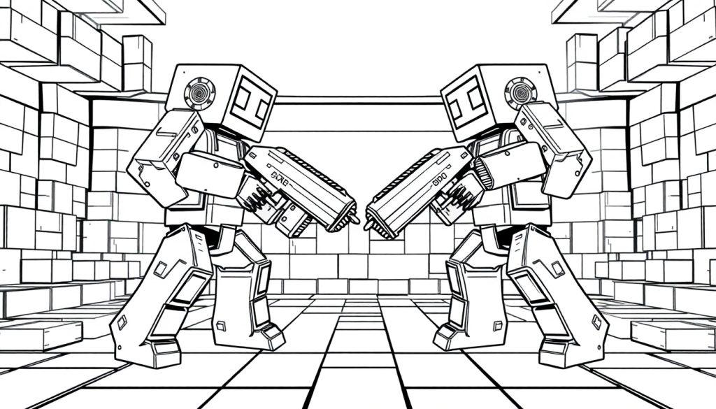 Kleurplaat van twee futuristische robots met grote wapens in een geometrische omgeving.