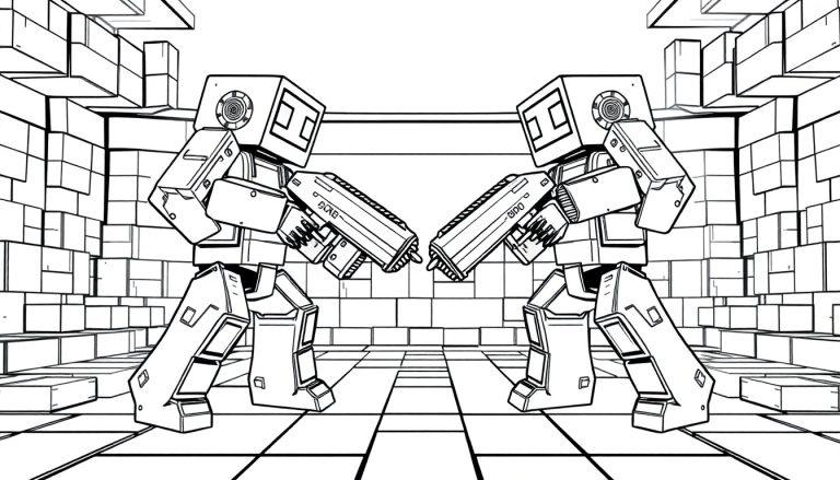 Kleurplaat van twee futuristische robots met grote wapens in een geometrische omgeving.