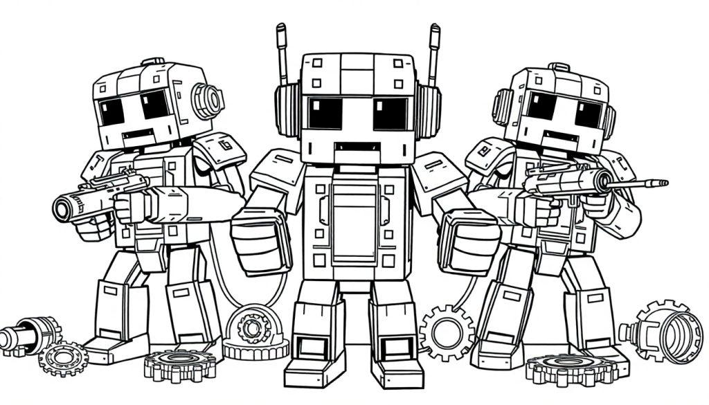 Drie robotfiguren in een zwart-witte kleurplaat met blokkerige Minecraft-stijl en technische details zoals antennes en tandwielen op de grond.