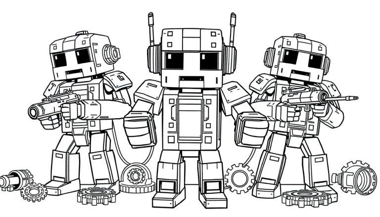 Drie robotfiguren in een zwart-witte kleurplaat met blokkerige Minecraft-stijl en technische details zoals antennes en tandwielen op de grond.