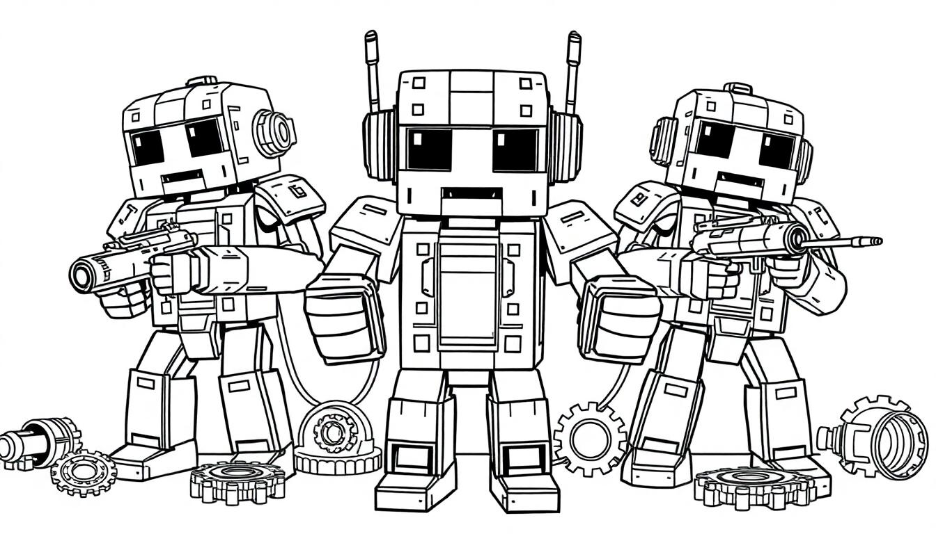 Drie robotfiguren in een zwart-witte kleurplaat met blokkerige Minecraft-stijl en technische details zoals antennes en tandwielen op de grond.