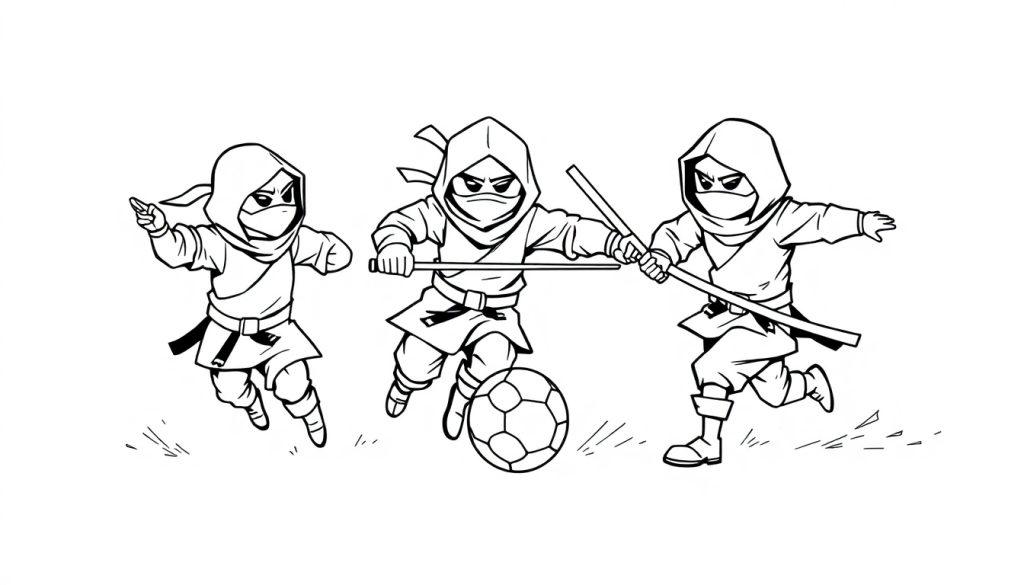 Ninja's spelen voetbal in een cartoonachtige zwart-wit kleurplaat met actie en humor.