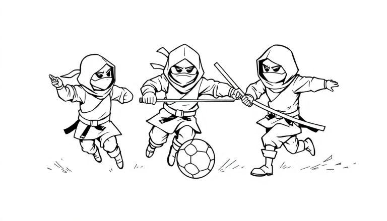 Ninja's spelen voetbal in een cartoonachtige zwart-wit kleurplaat met actie en humor.