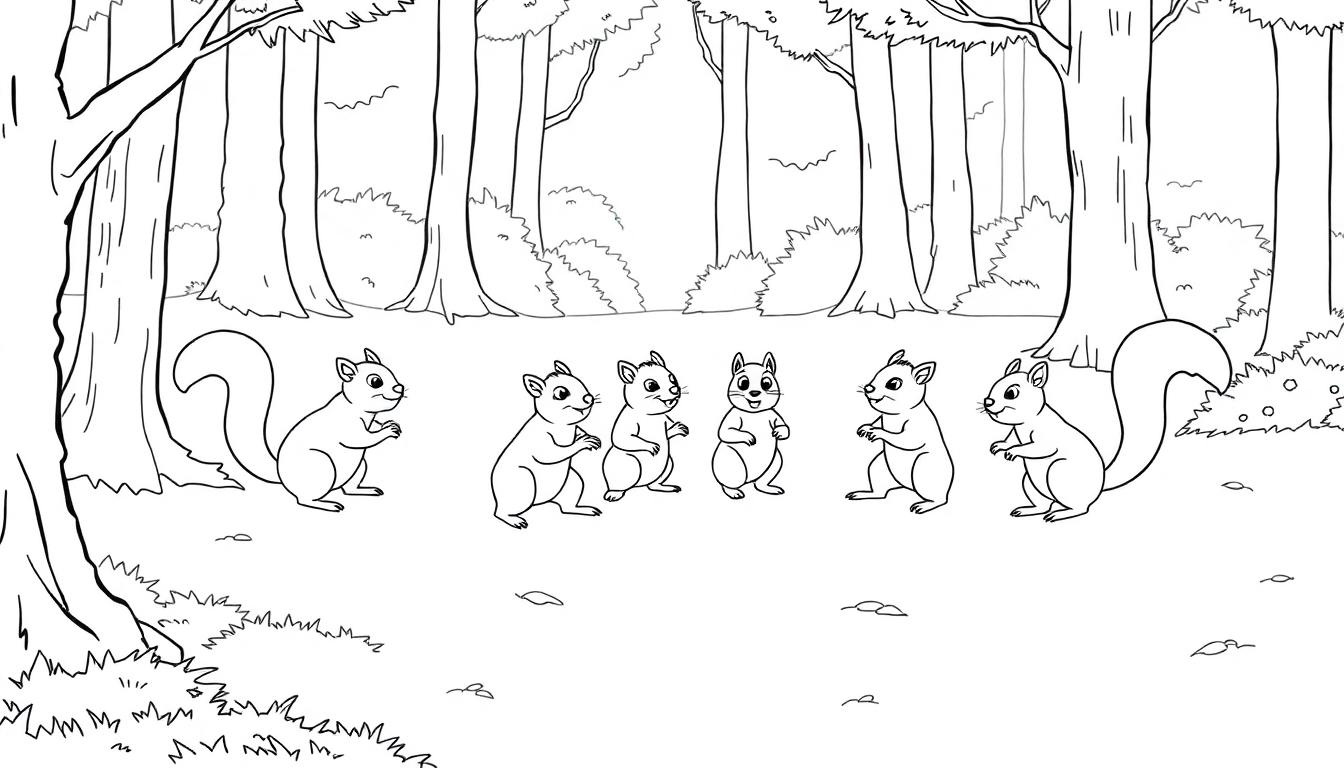Kleurplaat van vijf eekhoorns die in een bos een spelletje tikkertje spelen.