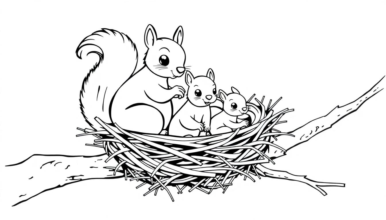Kleurplaat van een eekhoornnest met drie schattige eekhoorns in een boom.