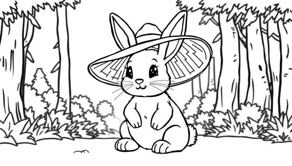 Kleurplaat van een schattig konijntje met een grote strohoed in het bos.