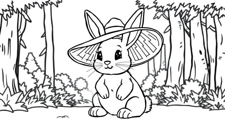 Kleurplaat van een schattig konijntje met een grote strohoed in het bos.