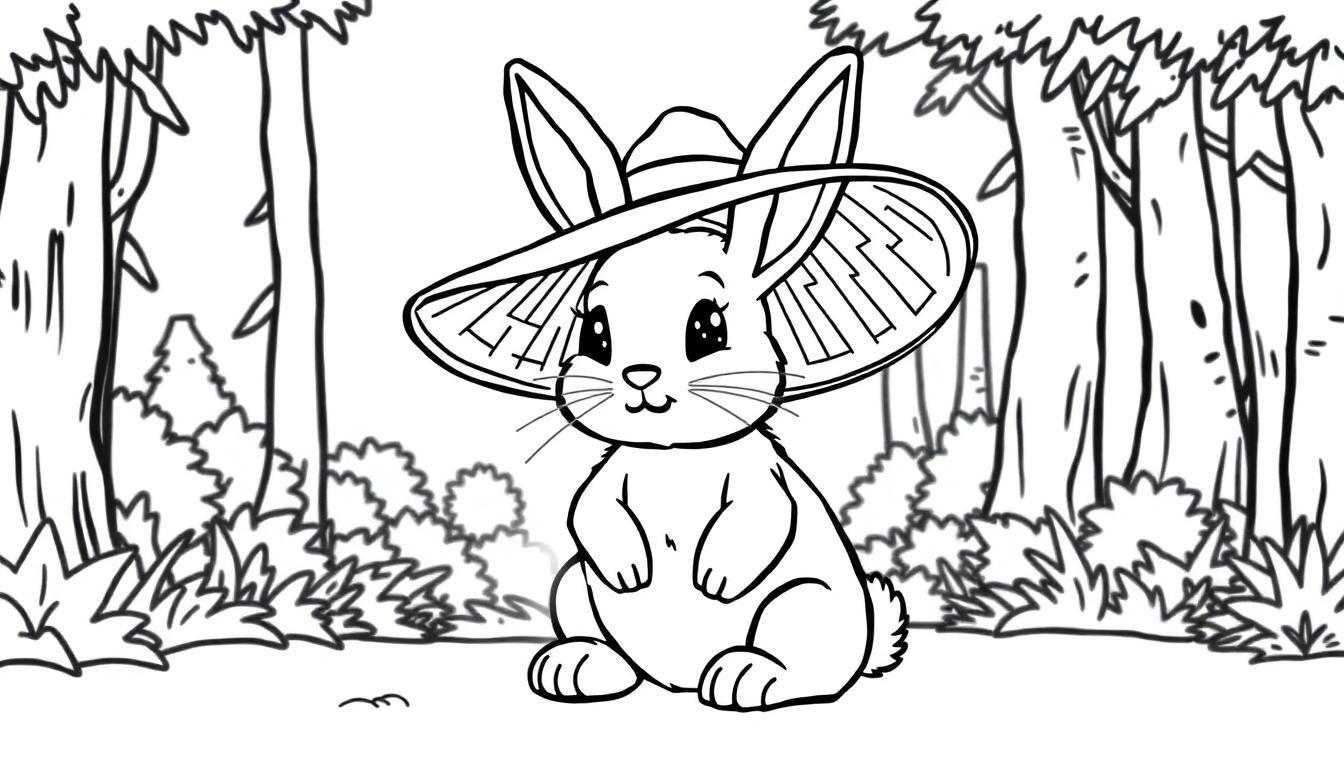 Kleurplaat van een schattig konijntje met een grote strohoed in het bos.