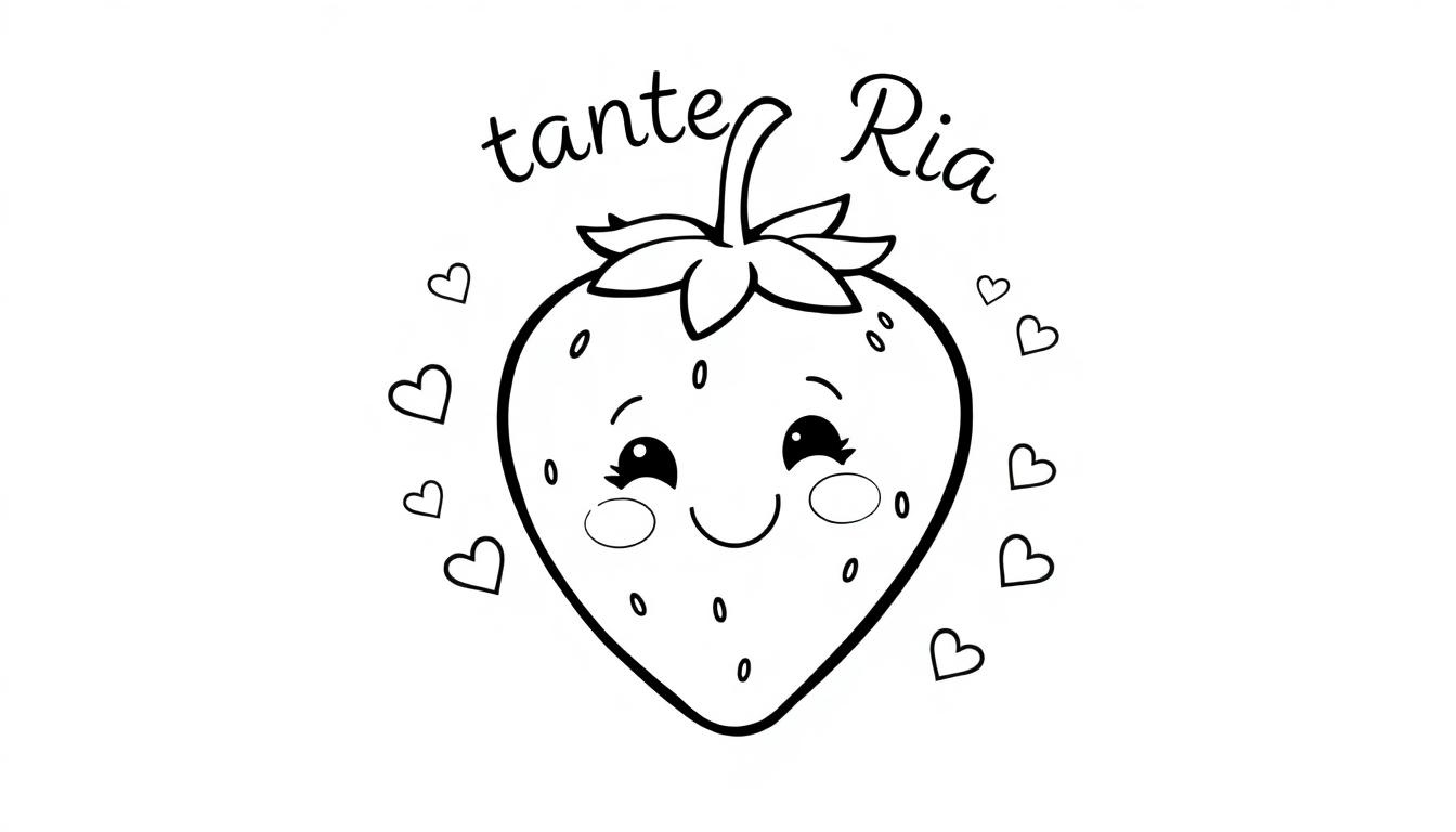 Een kleurplaat van een vrolijke aardbei met een gezichtje, omlijst met hartjes en de tekst 'tante Ria' erboven.
