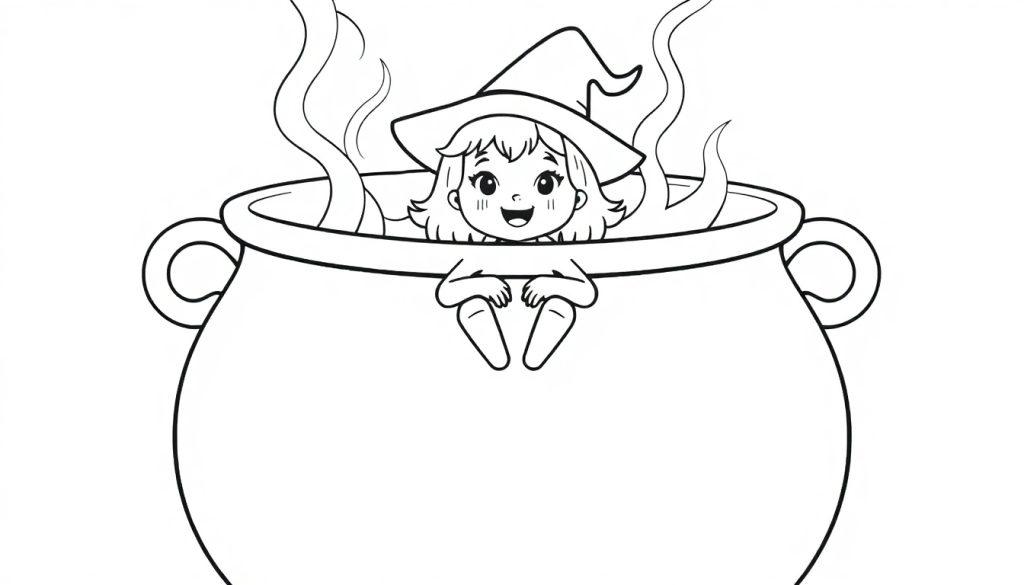 Kleurplaat van een vrolijk heksje dat in een grote ketel zit.