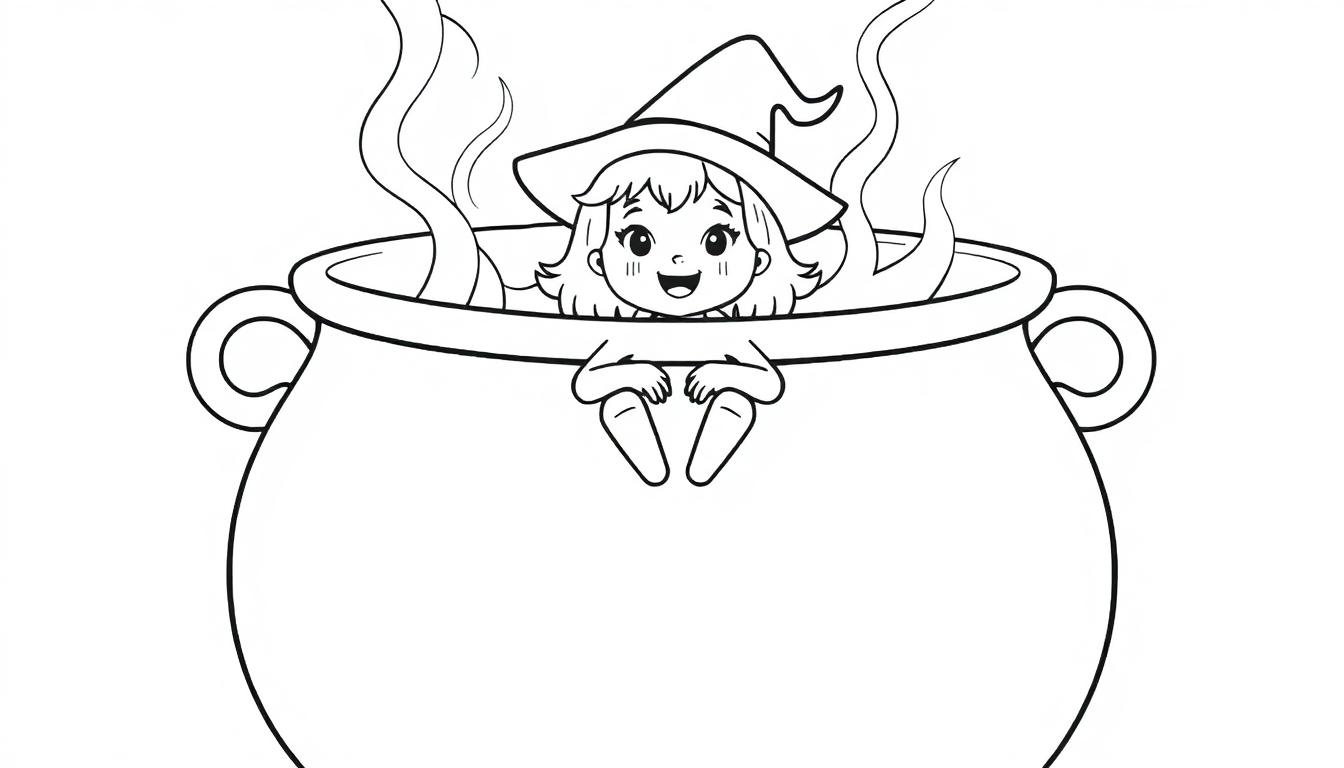 Kleurplaat van een vrolijk heksje dat in een grote ketel zit.