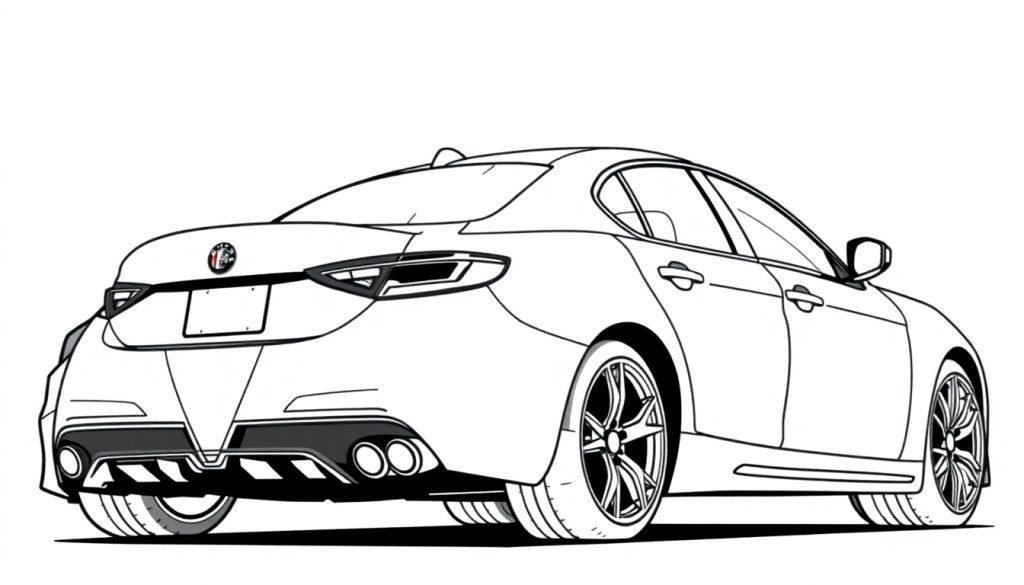 Kleurplaat van een sportieve sedan met strakke lijnen, opvallende achterlichten, dubbele uitlaten en mooie velgen.