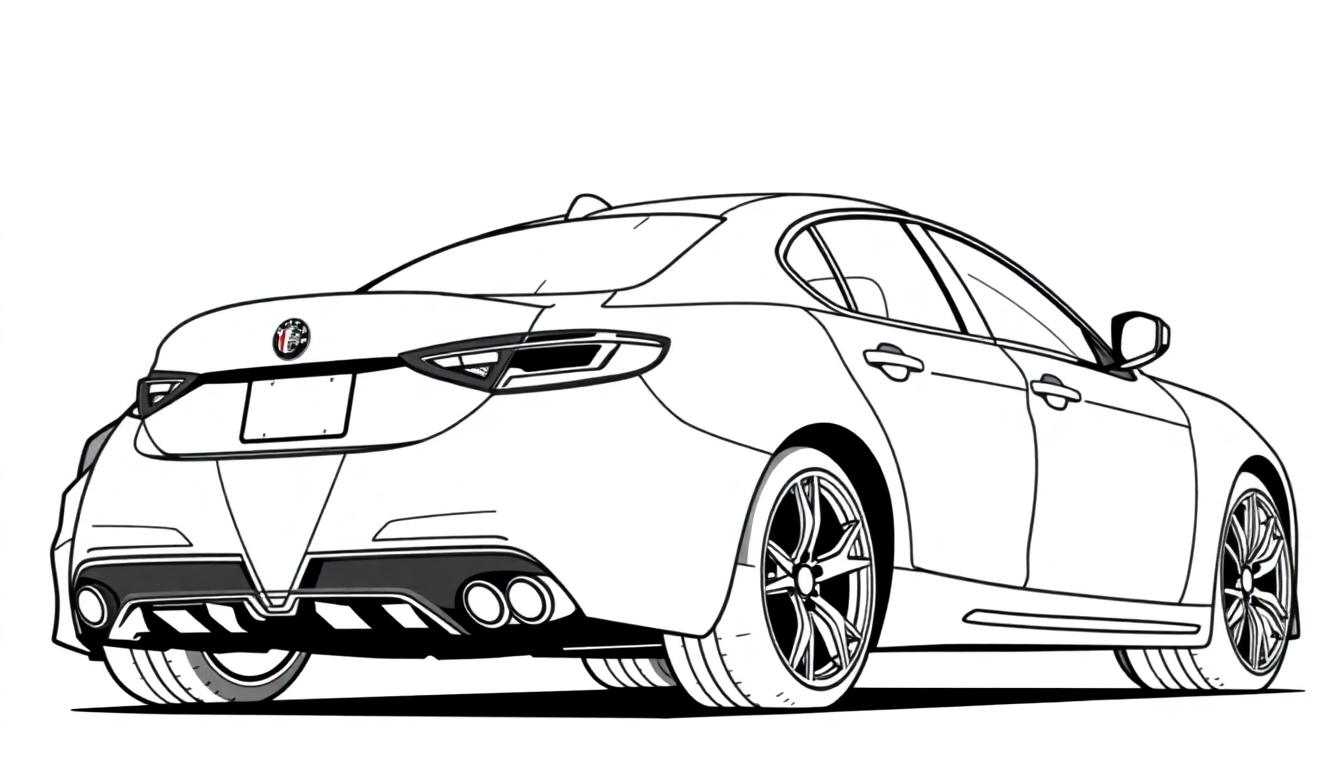 Kleurplaat van een sportieve sedan met strakke lijnen, opvallende achterlichten, dubbele uitlaten en mooie velgen.