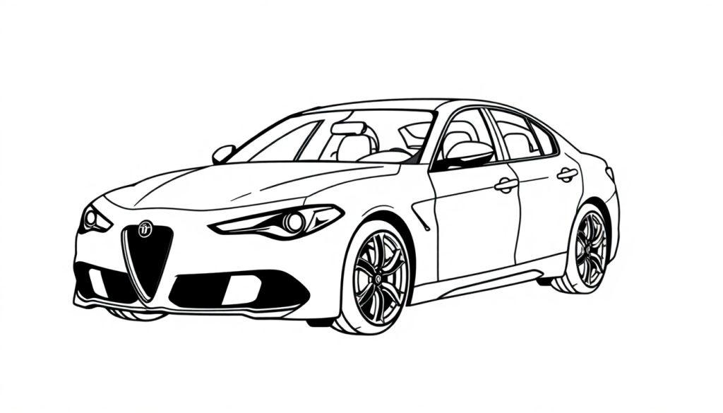 Kleurplaat van een sportieve Alfa Romeo Giulia Quadrifoglio sedan met een modern en gestroomlijnd ontwerp.