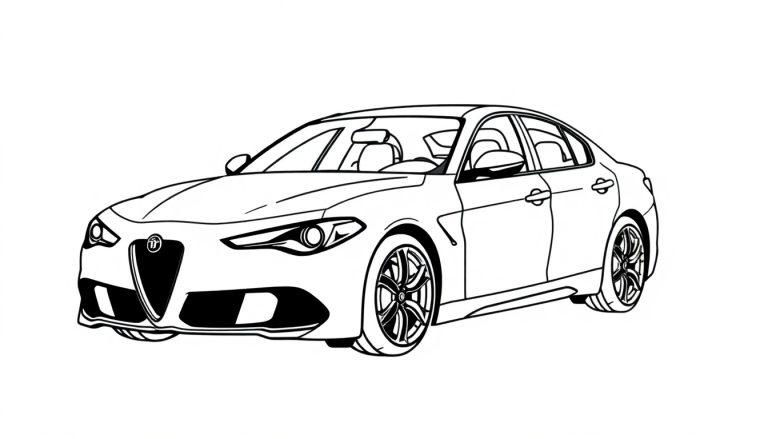 Kleurplaat van een sportieve Alfa Romeo Giulia Quadrifoglio sedan met een modern en gestroomlijnd ontwerp.