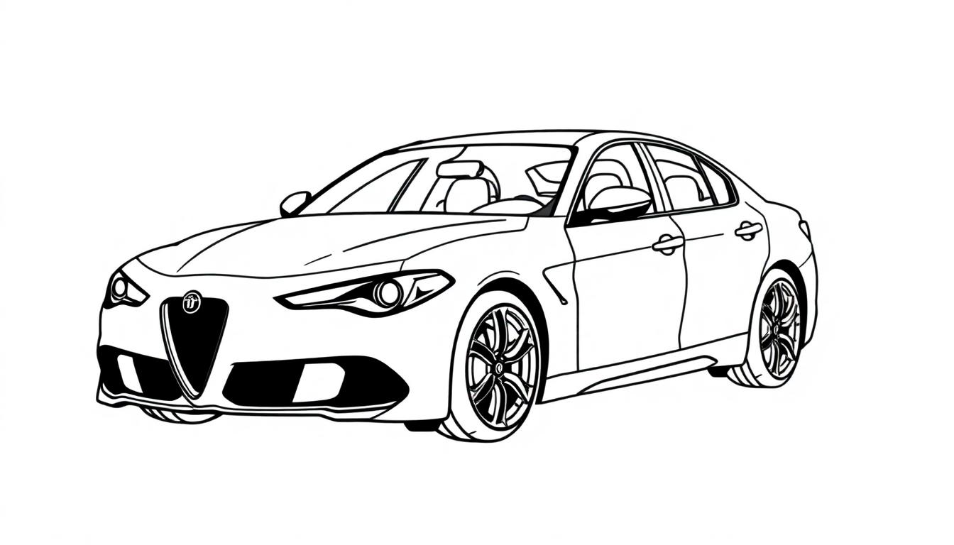 Kleurplaat van een sportieve Alfa Romeo Giulia Quadrifoglio sedan met een modern en gestroomlijnd ontwerp.