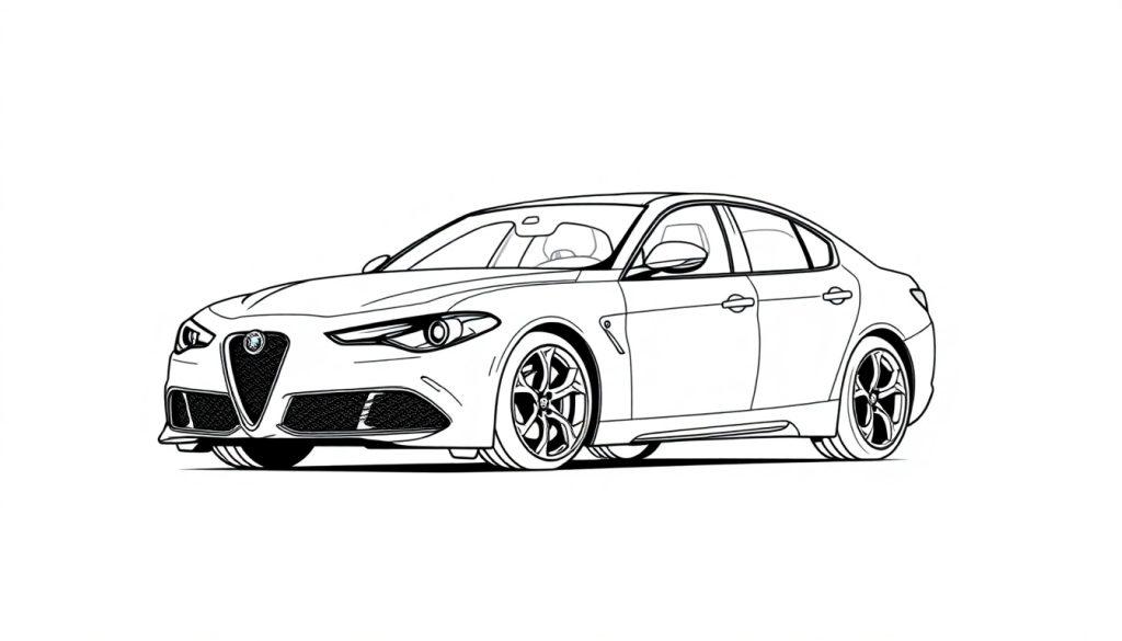 Een gedetailleerde lijntekening van een moderne sportieve sedan, perfect als kleurplaat.