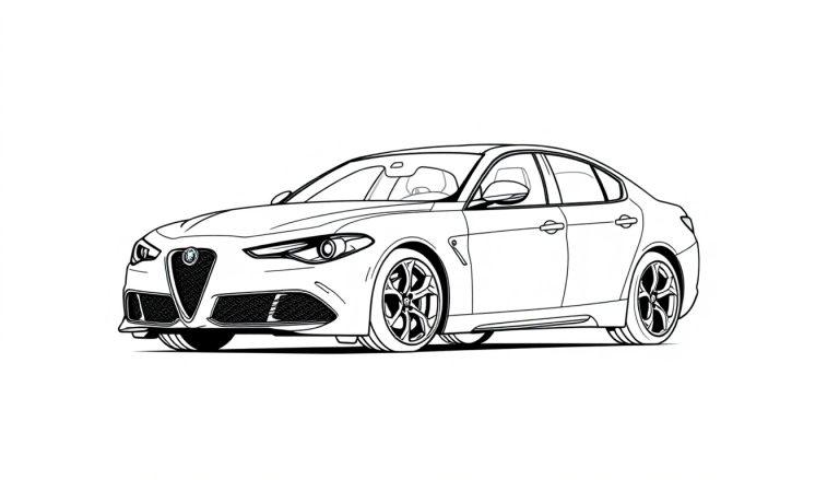 Een gedetailleerde lijntekening van een moderne sportieve sedan, perfect als kleurplaat.