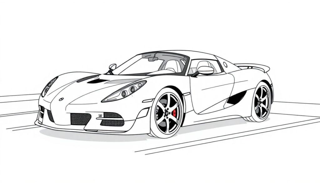 Lijntekening van een Keuningsegg sportwagen als kleurplaat met modern design en aerodynamische vormen.