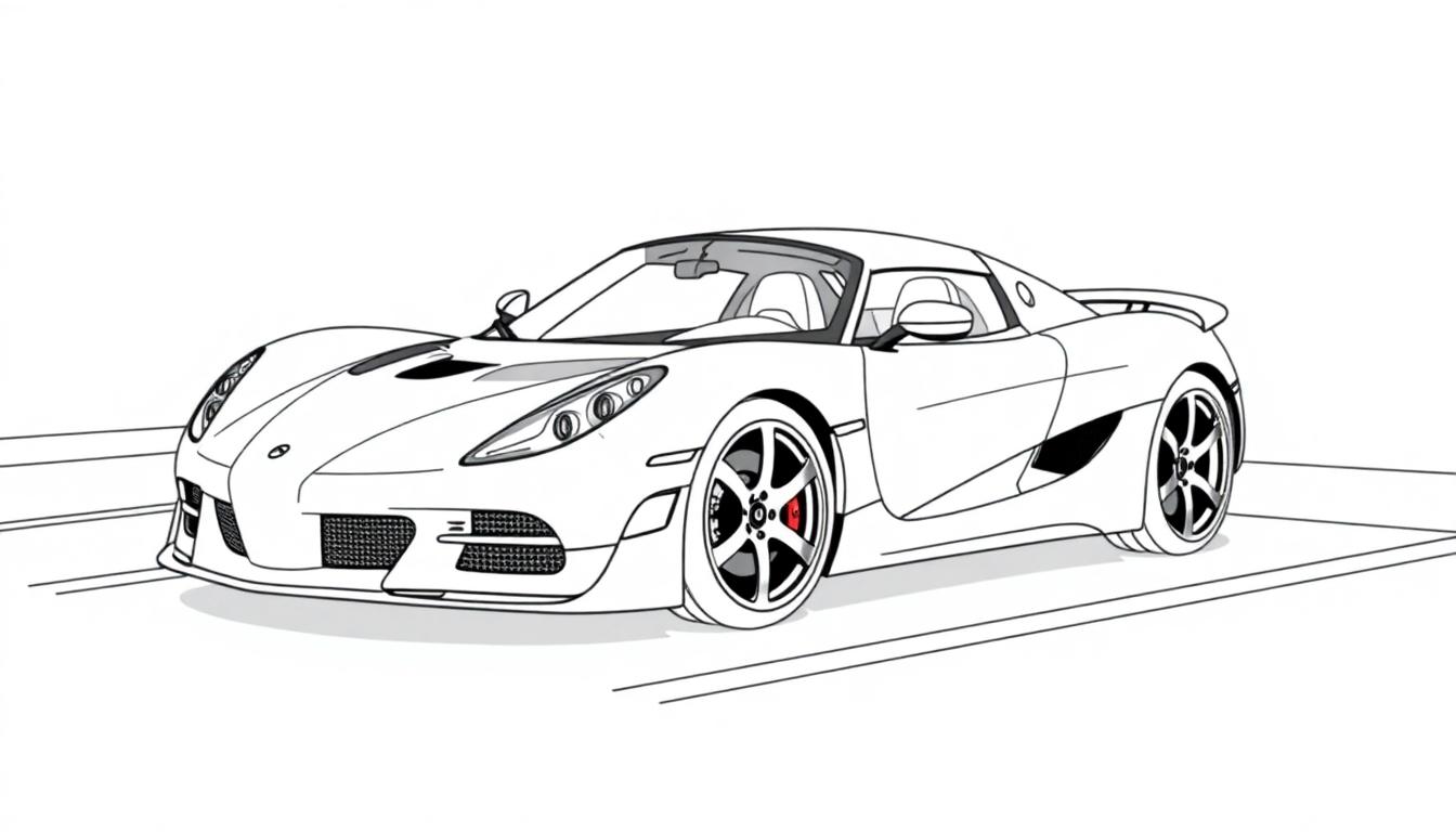 Lijntekening van een Keuningsegg sportwagen als kleurplaat met modern design en aerodynamische vormen.