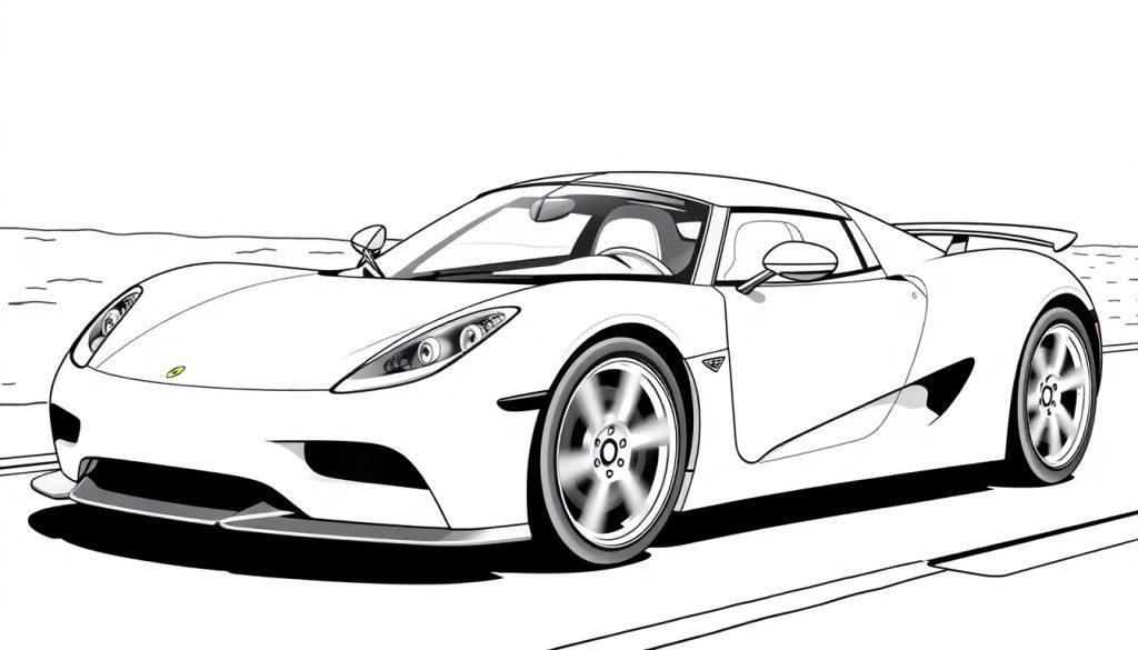 Zwart-wit kleurplaat van een sportwagen met een aerodynamisch ontwerp en opvallende spoiler.