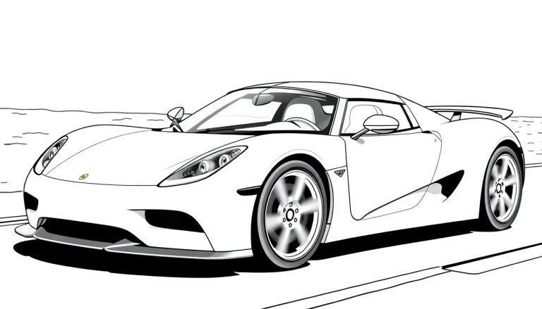 Zwart-wit kleurplaat van een sportwagen met een aerodynamisch ontwerp en opvallende spoiler.