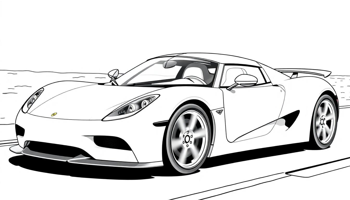 Zwart-wit kleurplaat van een sportwagen met een aerodynamisch ontwerp en opvallende spoiler.