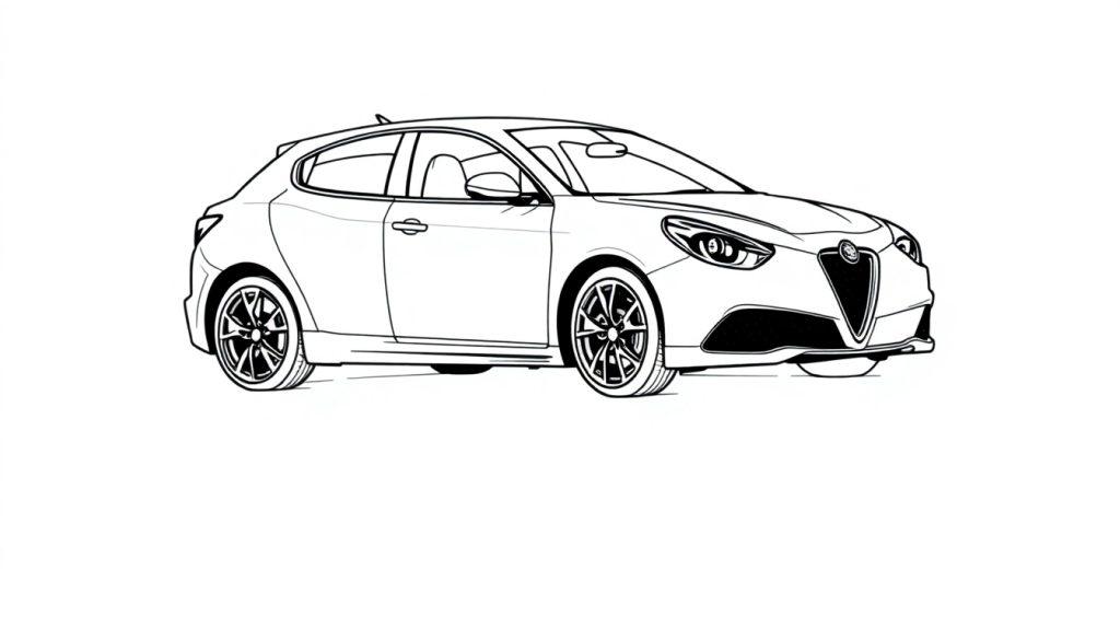 Kleurplaat van een Alfa Romeo Giulietta Quadrifoglio, een sportieve hatchback getekend in zwart-wit lijnen.