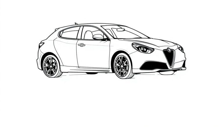 Kleurplaat van een Alfa Romeo Giulietta Quadrifoglio, een sportieve hatchback getekend in zwart-wit lijnen.