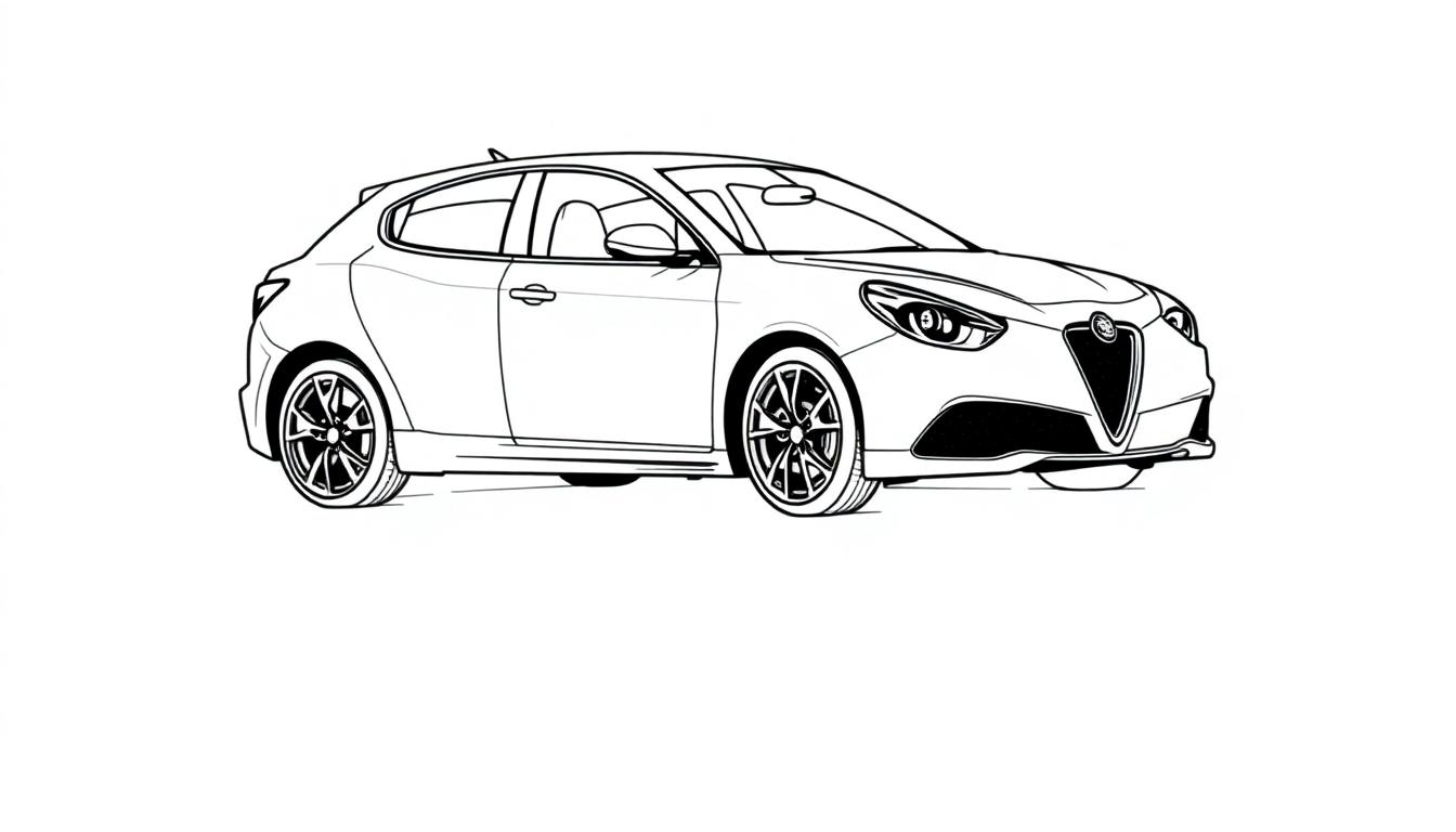 Kleurplaat van een Alfa Romeo Giulietta Quadrifoglio, een sportieve hatchback getekend in zwart-wit lijnen.