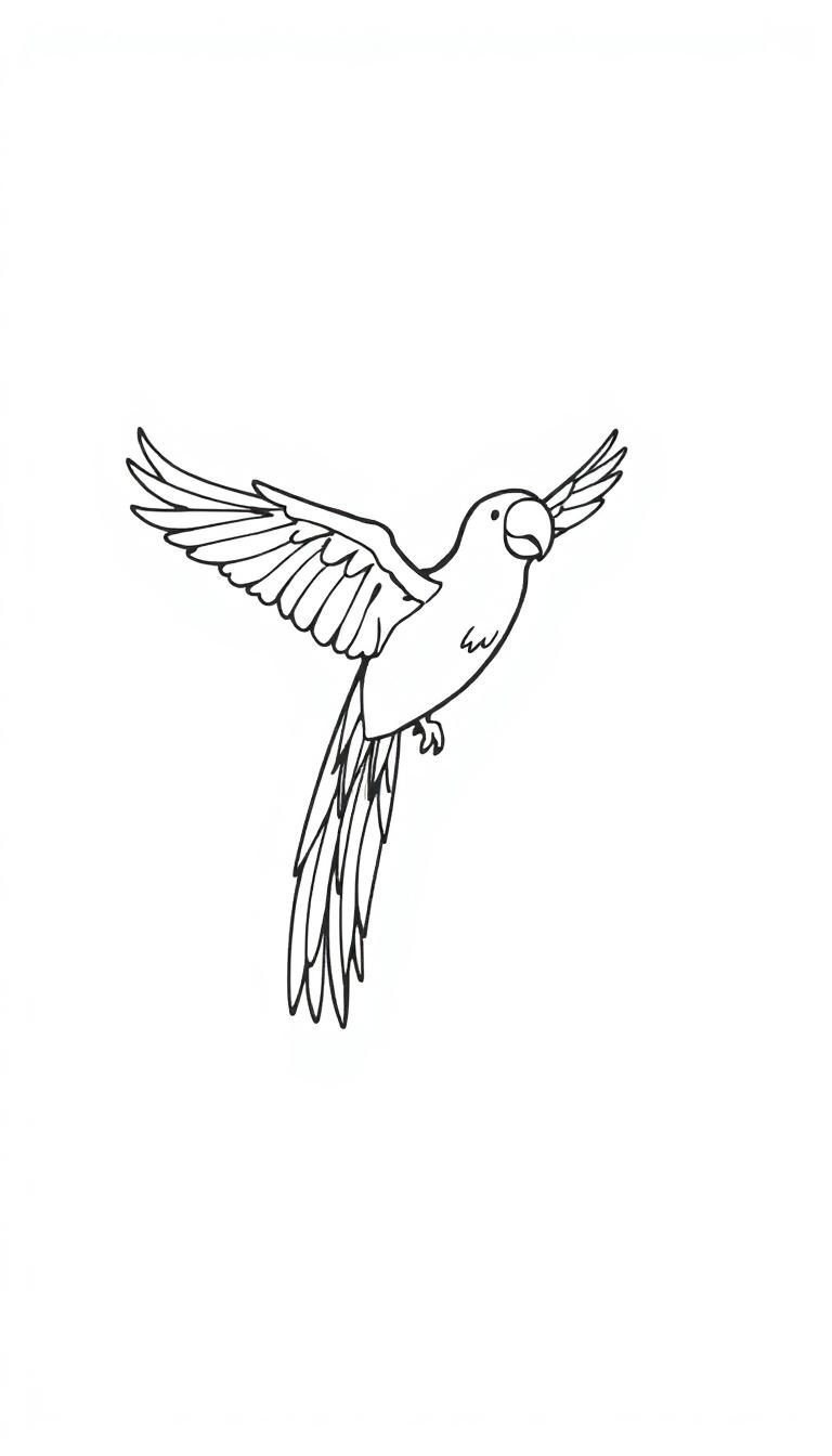 Een lijntekening van een vliegende papegaai als kleurplaat, met wijd uitgespreide vleugels en een kromme snavel.