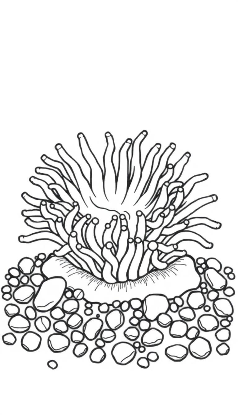 Zwart-wit kleurplaat van een zeeanemoon met lange tentakels op een rotsachtige zeebodem.