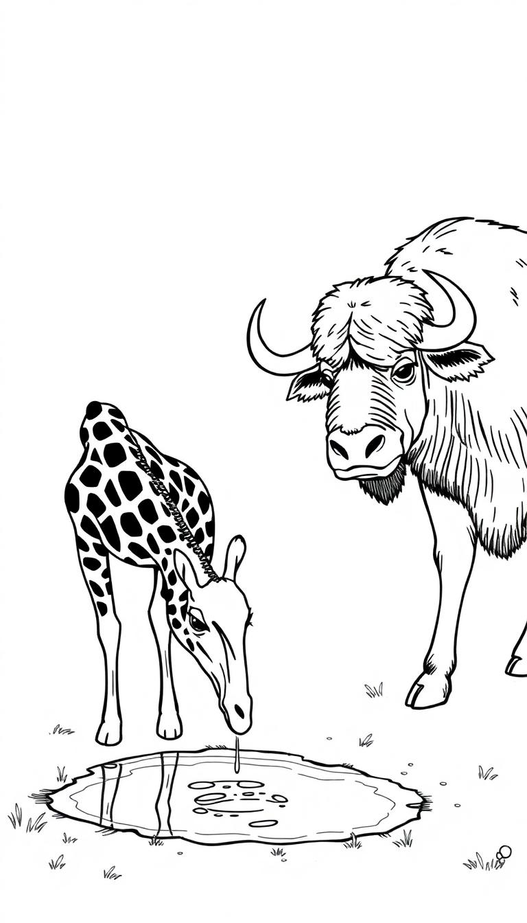 Kleurplaat van een jonge giraffe die water drinkt naast een buffel in een eenvoudige omgeving.