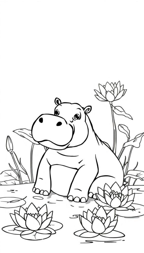 Een schattige kleurplaat van een nijlpaard in een vijver met waterlelies en lotusbloemen.