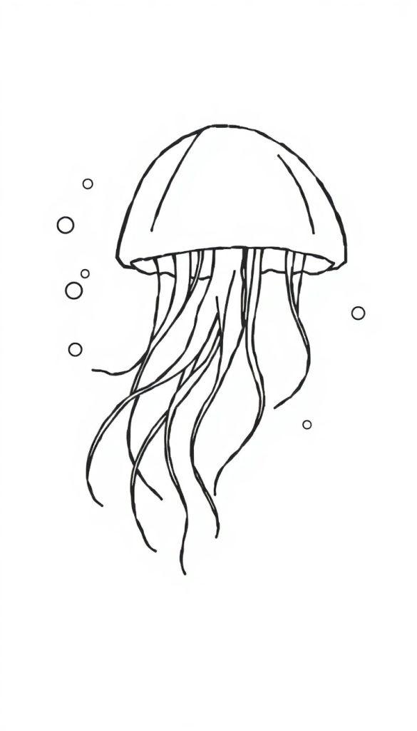 Eenvoudige kleurplaat van een kwal met golvende tentakels en luchtbellen onder water.