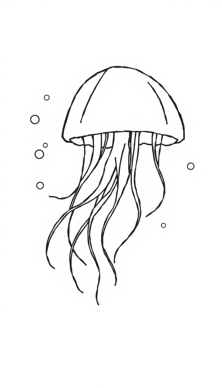 Eenvoudige kleurplaat van een kwal met golvende tentakels en luchtbellen onder water.