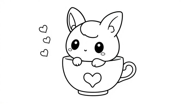 Zwart-wit kleurplaat van een schattig dier met grote ogen, zittend in een kopje met een hart erop. Kleine hartjes stijgen omhoog naast het kopje.