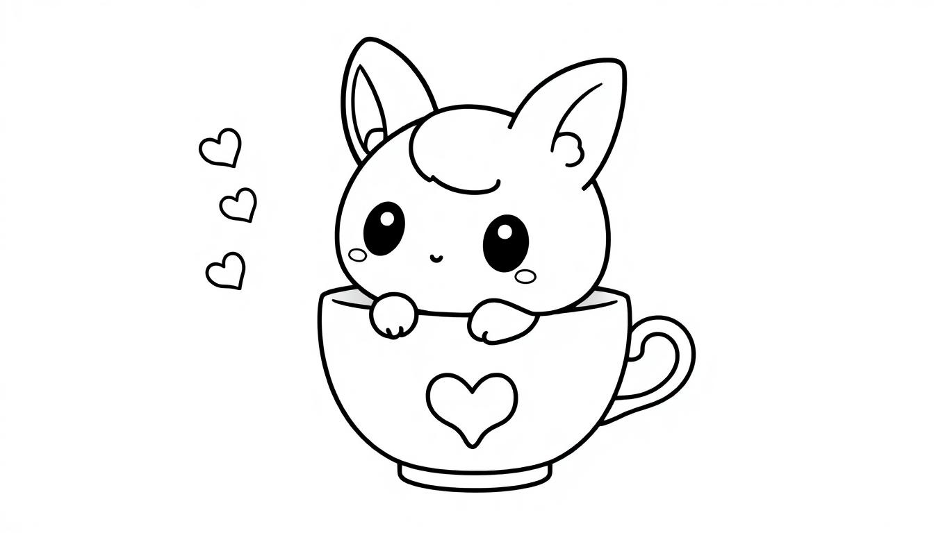 Zwart-wit kleurplaat van een schattig dier met grote ogen, zittend in een kopje met een hart erop. Kleine hartjes stijgen omhoog naast het kopje.