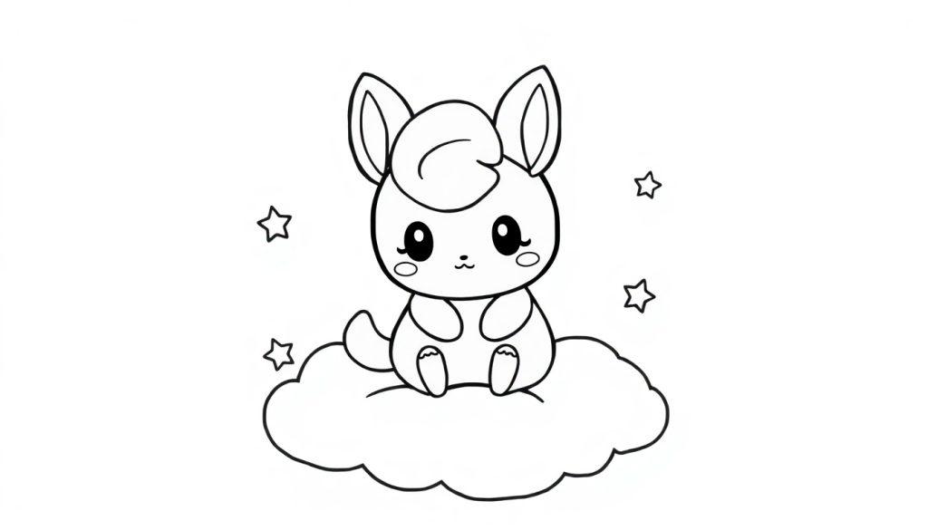Een schattige kleurplaat van een fantasiediertje op een wolk met sterretjes.