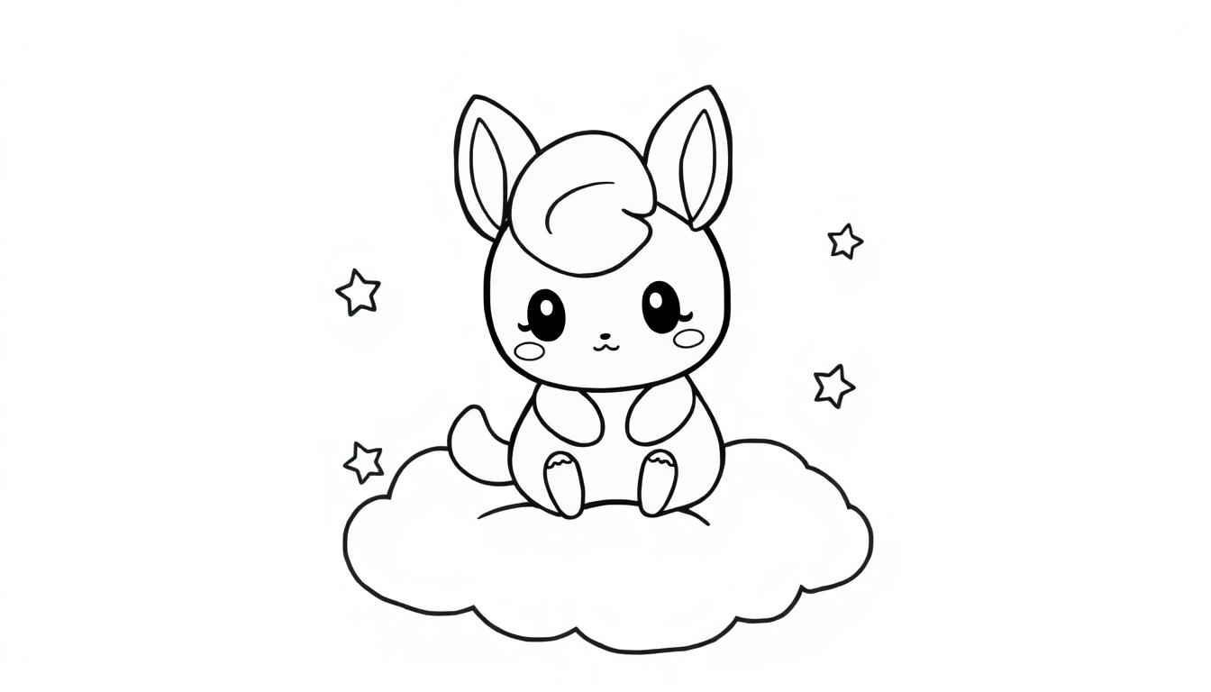 Een schattige kleurplaat van een fantasiediertje op een wolk met sterretjes.