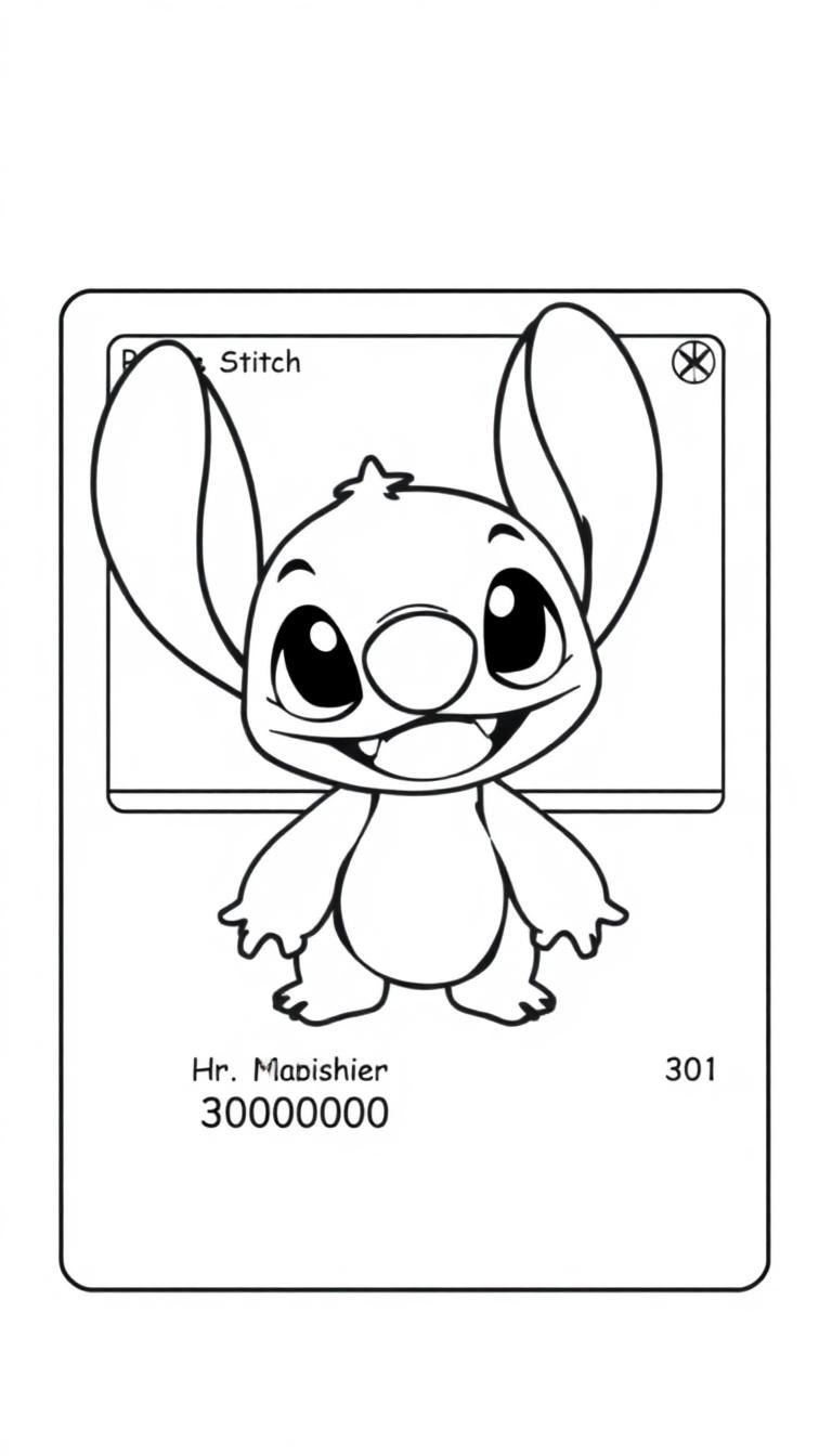 Zwart-wit kleurplaat van het schattige cartoonfiguurtje Stitch met grote ogen en oren, als een kaart geportretteerd.
