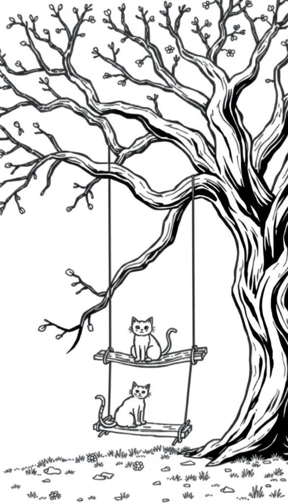 Een kleurplaat van een grote boom met een schommel waar twee katten zitten, omringd door gras en bloemen.
