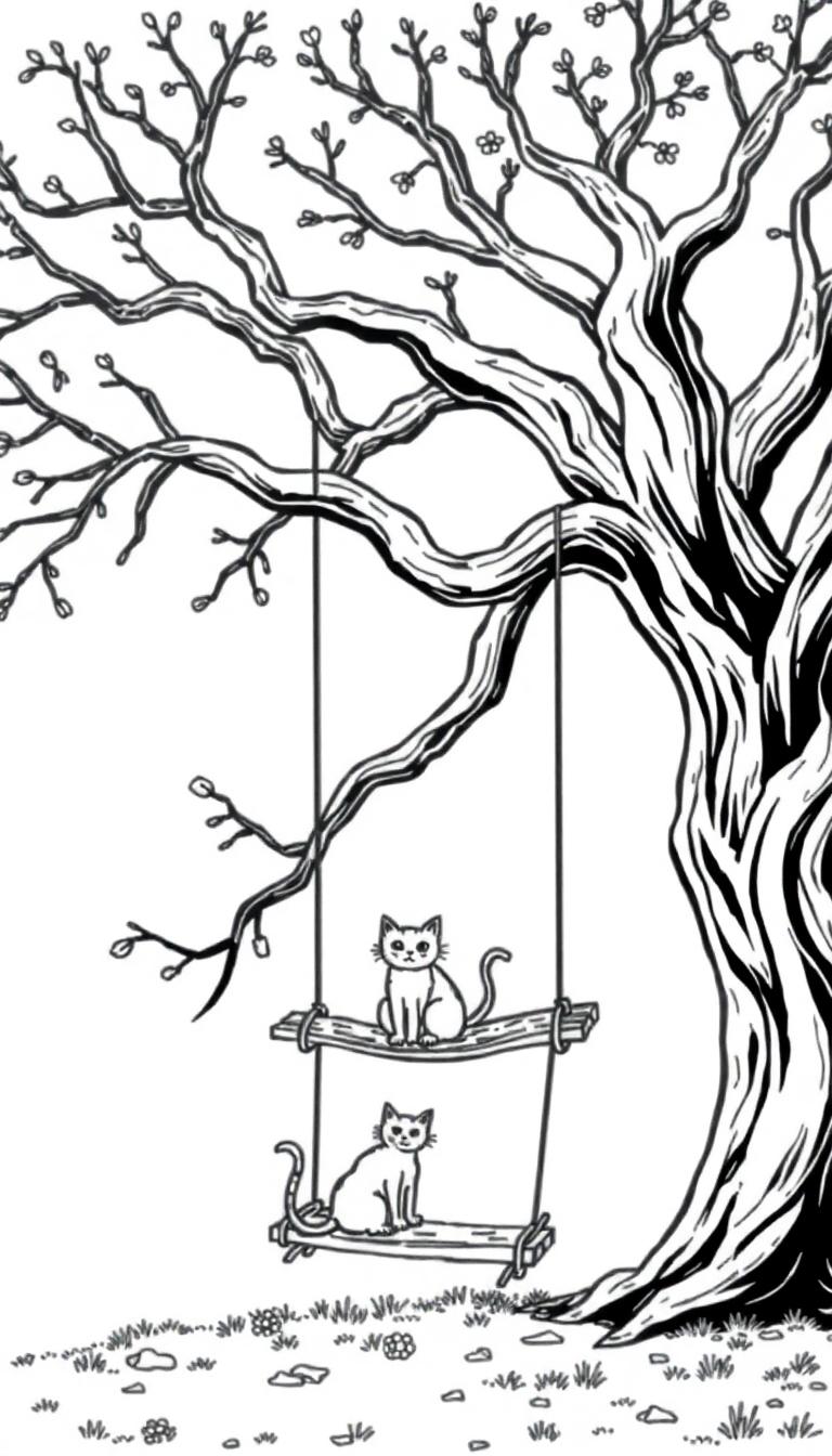 Een kleurplaat van een grote boom met een schommel waar twee katten zitten, omringd door gras en bloemen.