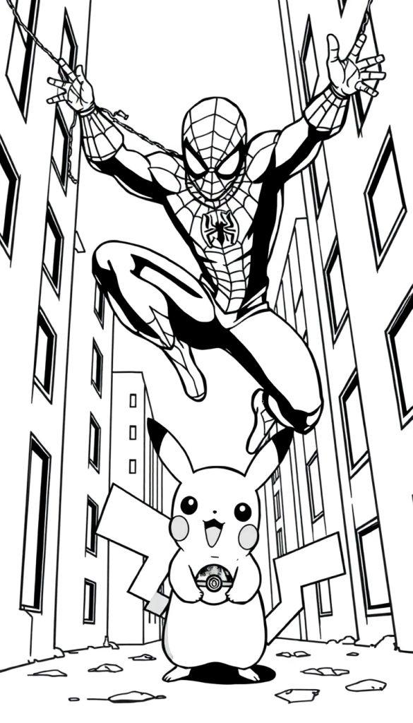 Kleurplaat van een spinachtige superheld en een muisachtig personage in een stad vol actie.